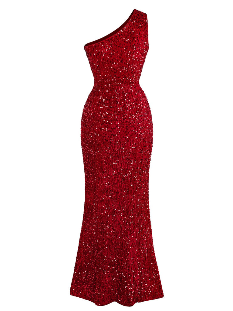 Red 1930s Sequined One-Shoulder Slit Bodycon Dress - vintage dress, retro fashion, elegant red