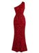 Red 1930s Sequined One-Shoulder Slit Bodycon Dress - vintage dress, retro fashion, elegant red