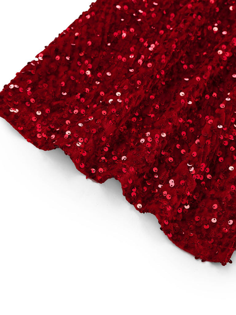Red 1930s Sequined One-Shoulder Slit Bodycon Dress - vintage dress, retro fashion, elegant red