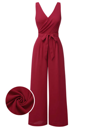 Red 1930s Solid Wasit Tie V-Neck Jumpsuit, vintage romper, retro jumpsuit - perfect for women who love vintage and retro fashion