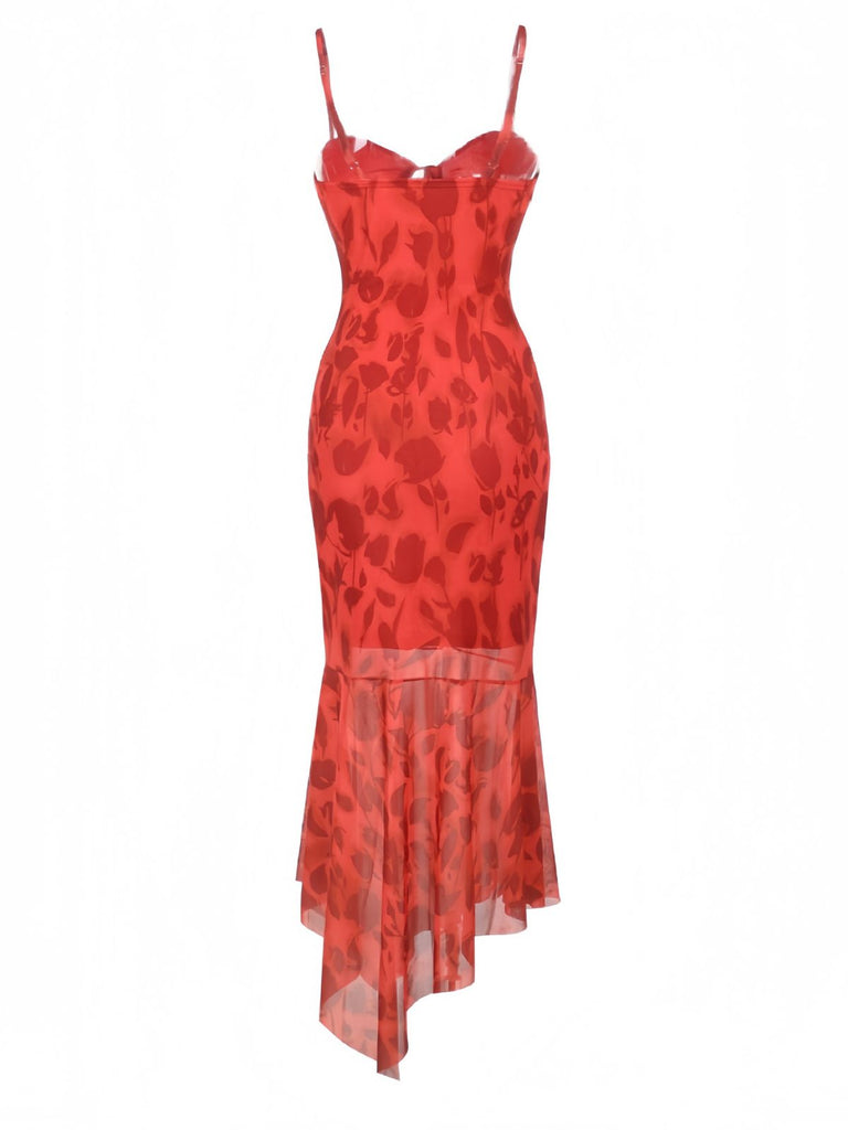 Red 1930s Spaghetti Strap Floral Dress - vintage dress, retro fashion, elegant red