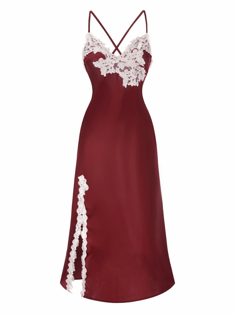 She slips into this Red 1930s Spaghetti Straps Side-Slit Lace Nightgown and suddenly it's a 1930s daydream