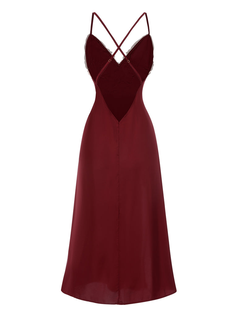 Red 1930s Spaghetti Straps Side-Slit Lace Nightgown: where 1930s romance meets her modern spirit