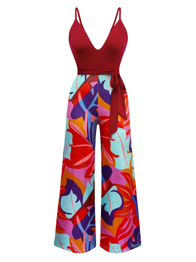 Red 1930s Tropical Belted Deep V Straps Jumpsuit - vintage jumpsuit, retro fashion, elegant red