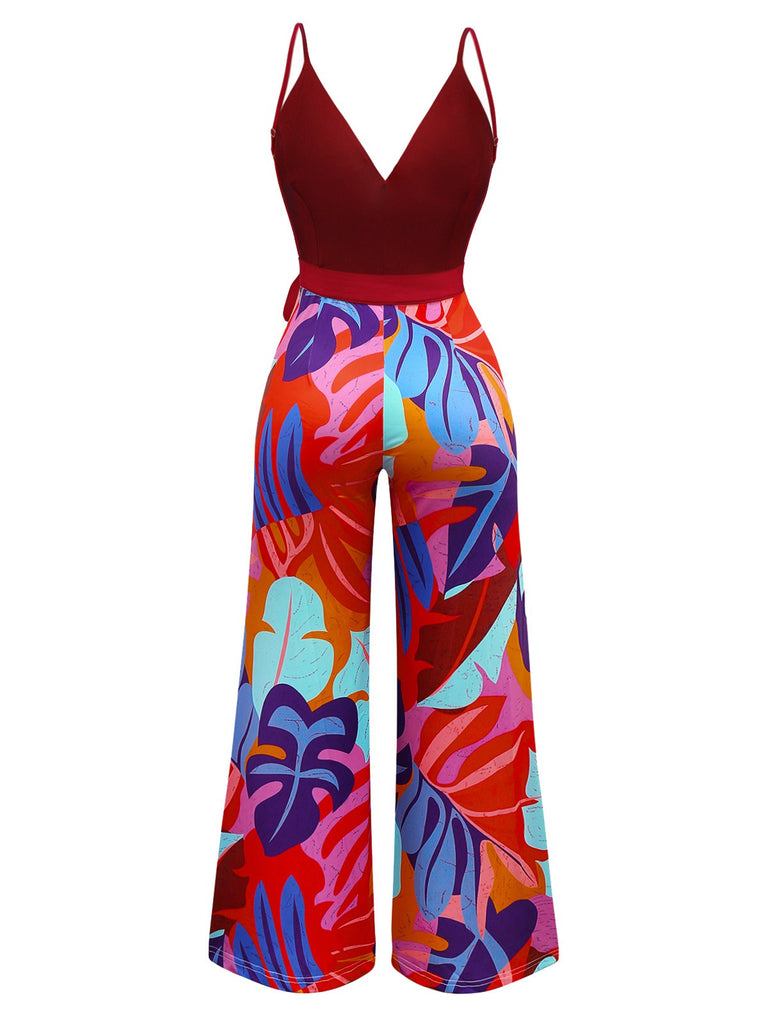 Red 1930s Tropical Belted Deep V Straps Jumpsuit - vintage jumpsuit, retro fashion, elegant red