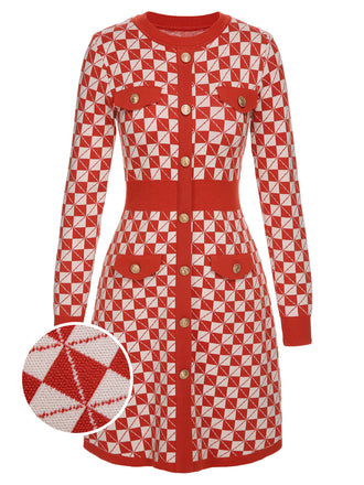 Red 1940s Argyle Check Knitted Pencil Dress, vintage dress, retro fashion - perfect for women who love vintage and retro fashion