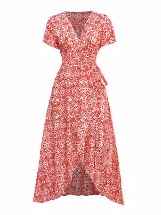Red 1940s Boho Floral Wrap Dress - vintage dress, retro fashion, elegant red