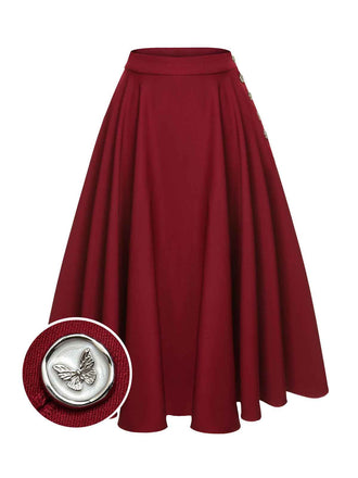 She sways in this Red 1940s Buttoned Solid Skirt and it's pure 1940s magic