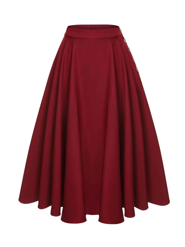 Red 1940s Buttoned Solid Skirt: 1940s grace for the woman who dances through life