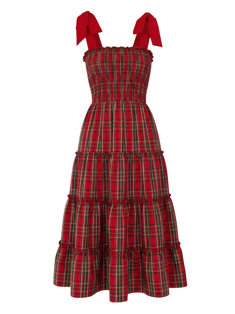Red 1940s Christmas Plaid Lace-Up Dress - vintage dress, retro fashion, elegant red