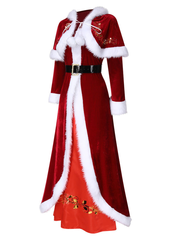 Red 1940s Christmas Velvet Hooded Cloak Dress: where 1940s romance meets her modern spirit