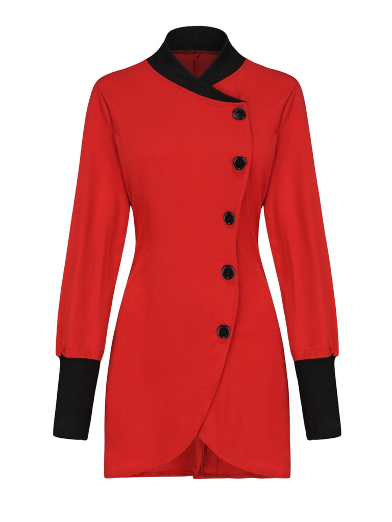 Red 1940s Diagonal Button Stand Collar Coat - vintage fashion, retro style, elegant red