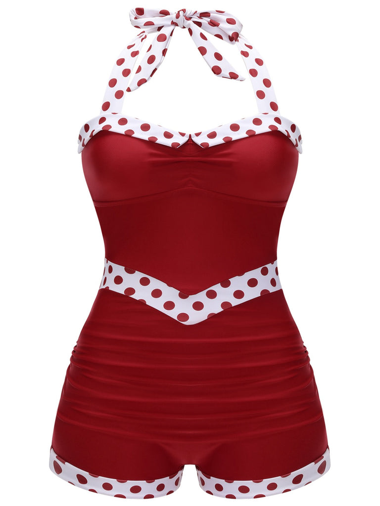 Red 1940s Dots Patchwork Halter Swimsuit - vintage swimwear, retro beach style for women