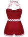 Red 1940s Dots Patchwork Halter Swimsuit: 1940s Riviera elegance, reimagined for her