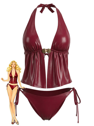 Red-1940s-Faux-Leather-Halter-Shell-Tankini-Set, vintage, retro, swimwear