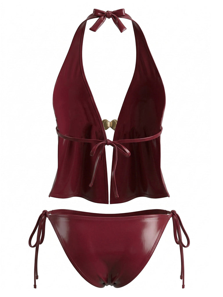 Red-1940s-Faux-Leather-Halter-Shell-Tankini-Set, vintage, retro, swimwear