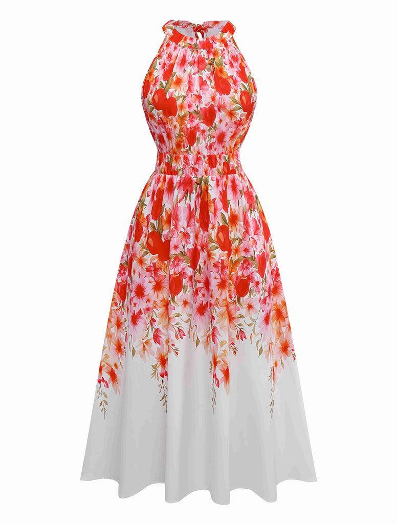 Red 1940s Floral Round Neck Halter Dress - vintage dress, retro fashion, elegant red