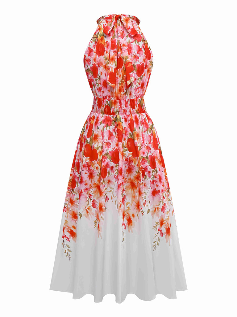 Red 1940s Floral Round Neck Halter Dress - vintage dress, retro fashion, elegant red
