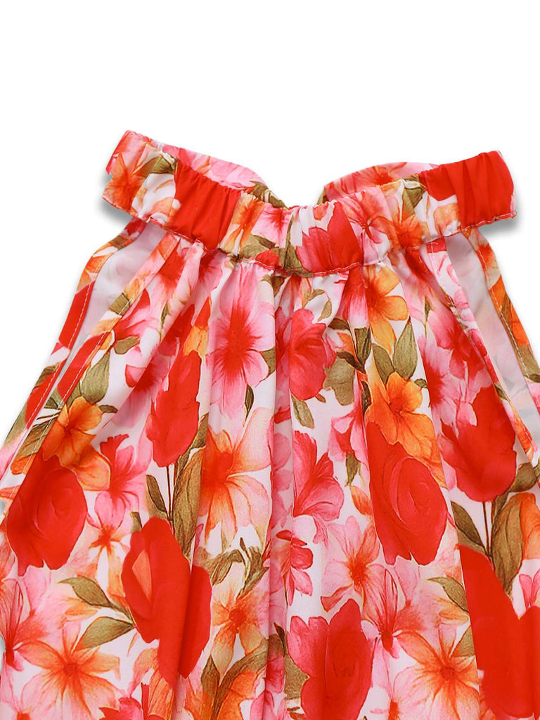 Red 1940s Floral Round Neck Halter Dress - vintage dress, retro fashion, elegant red