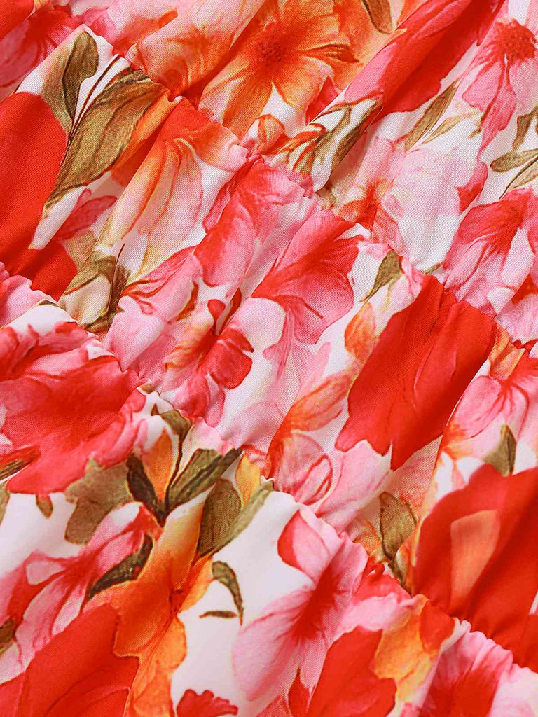 Red 1940s Floral Round Neck Halter Dress - vintage dress, retro fashion, elegant red