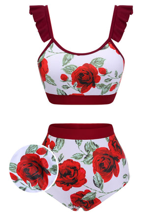 Red 1940s Floral Ruffles Swimsuit: timeless style reimagined