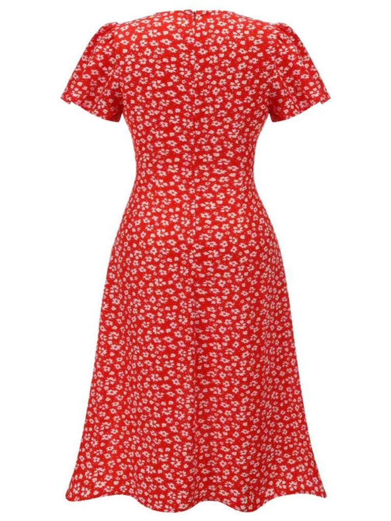 Red 1940s Floral V-Neck Added Button Dress - vintage dress, retro fashion, elegant red