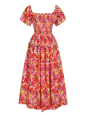 Red 1940s Flower Print Square Neck Tiered Dress, vintage dress, retro fashion - perfect for women who love vintage and retro fashion