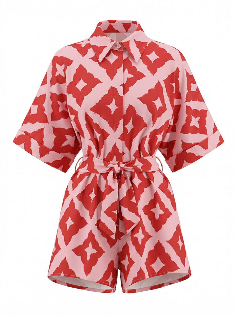 Red 1940s Geometric Floral Tie-Waist Romper: beautiful vintage romper, retro jumpsuit, playful style with timeless appeal