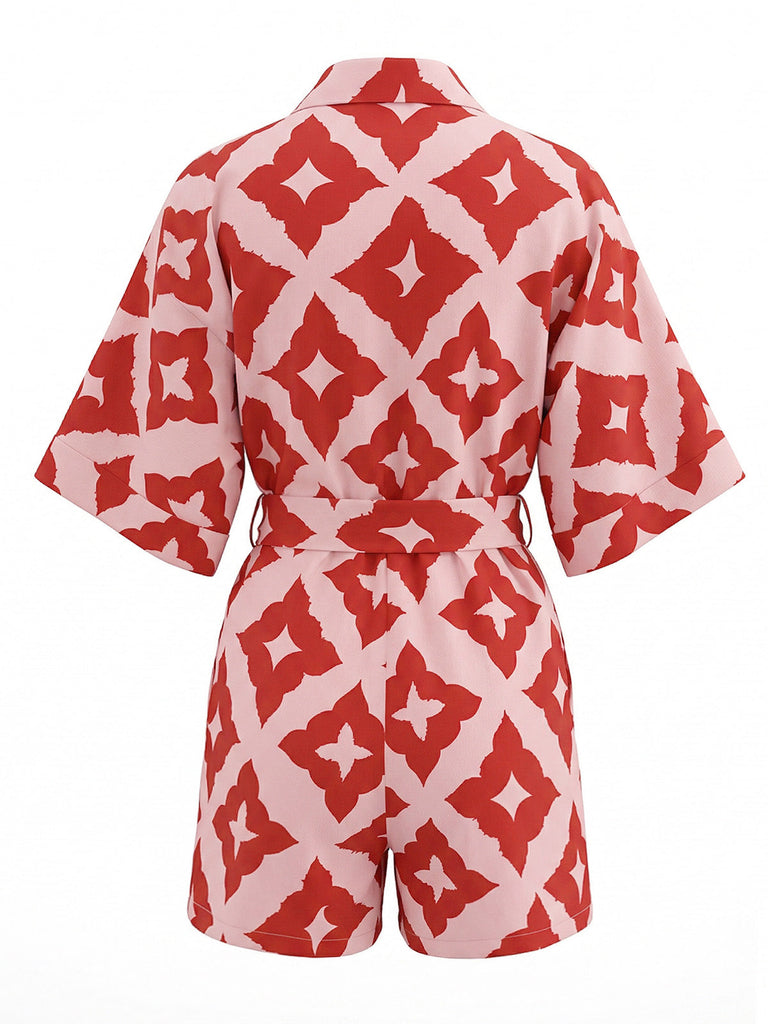 Red 1940s Geometric Floral Tie-Waist Romper | vintage romper, retro jumpsuit, playful style - perfect for retro fashion enthusiasts