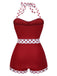 Close-up: 1940s Red 1940s Halter Patchwork One-piece Swimsuit, perfect for vintage themed parties and retro fashion enthusiasts
