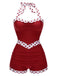 Back view: 1940s Red 1940s Halter Patchwork One-piece Swimsuit, perfect for vintage themed parties and retro fashion enthusiasts