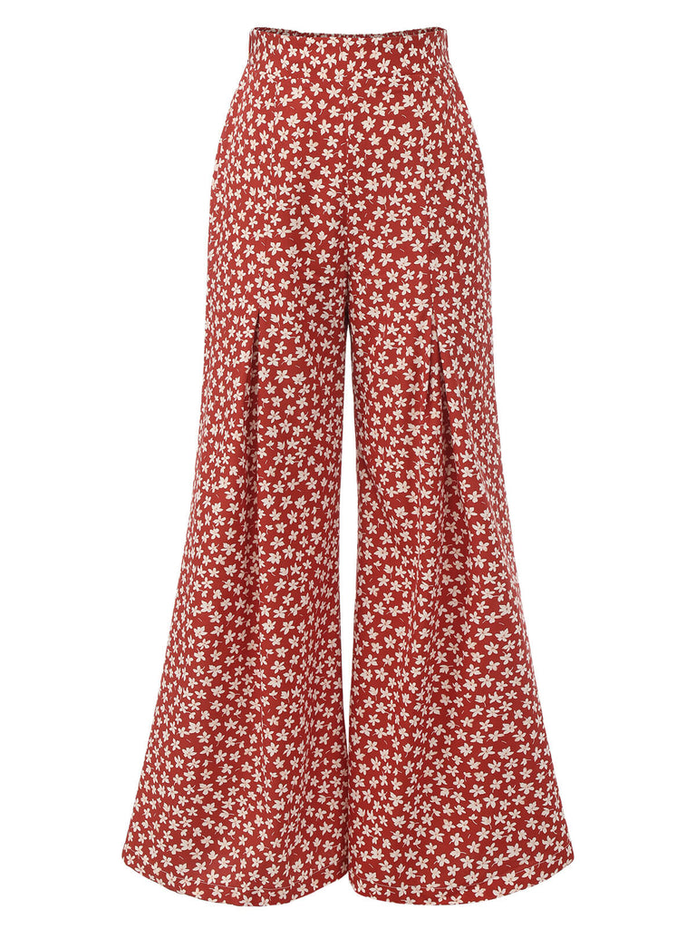 Red 1940s High Waist Floral Wide-Leg Pants: 1940s power dressing, reimagined