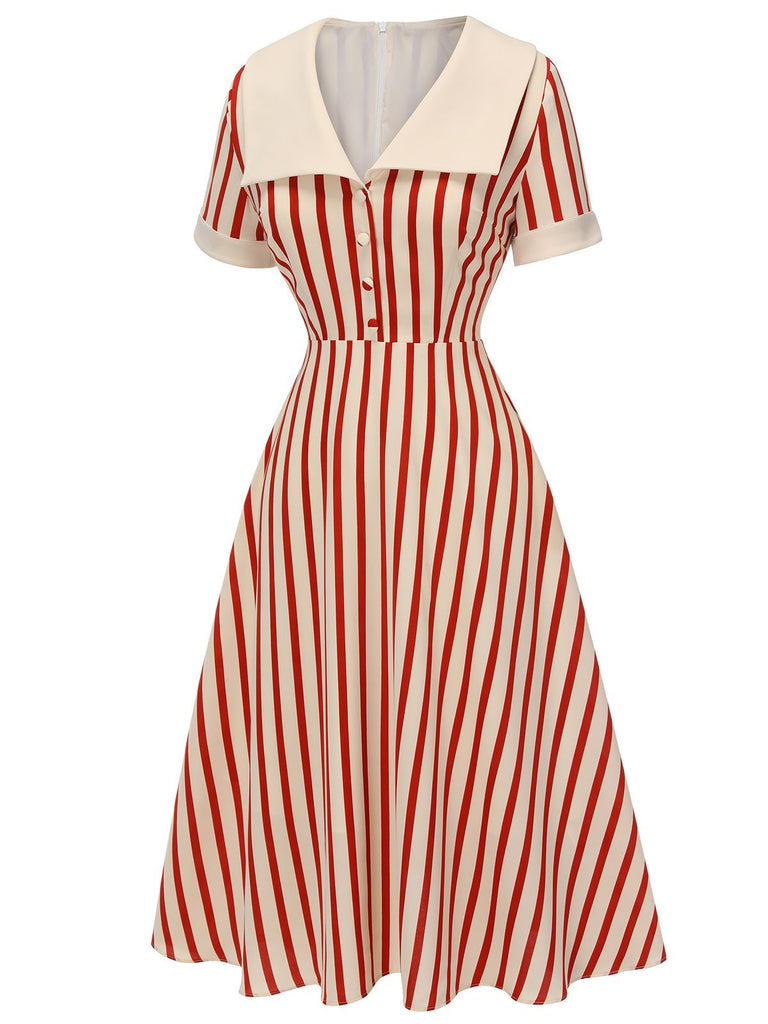 Red 1940s Lapel Vertical Stripes Dress, vintage dress, retro fashion - perfect for women who love vintage and retro fashion