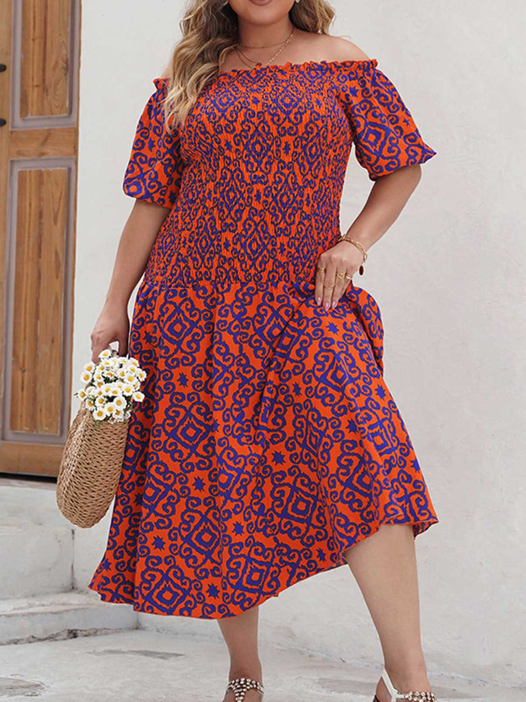 Red 1940s Off-Shoulder Printed Dress — the kind of 1940s dress that makes strangers smile