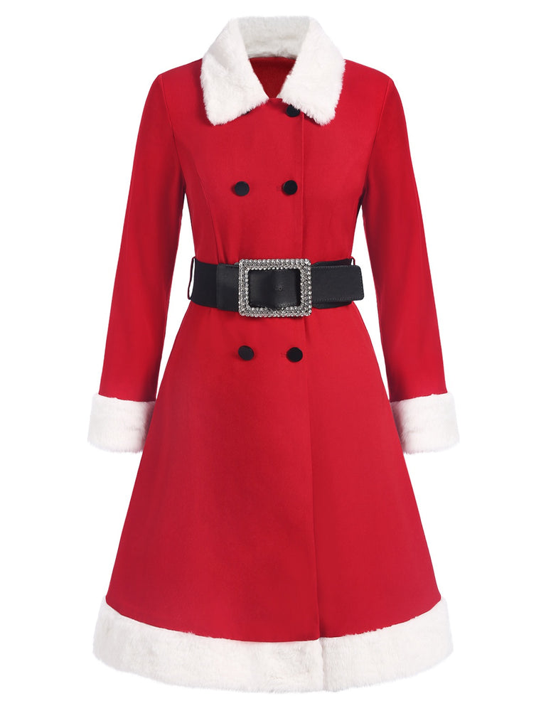 Red 1940s Plush Double-Breasted Belted Coat - vintage fashion, retro style, elegant red