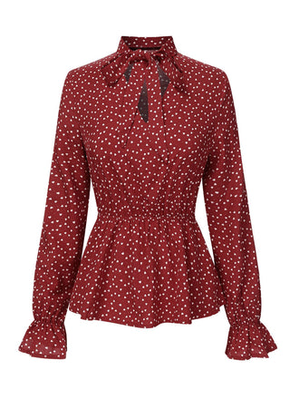 Red 1940s Polka Dot Lace-Up Chiffon Blouse, vintage top, retro blouse - perfect for women who love vintage and retro fashion