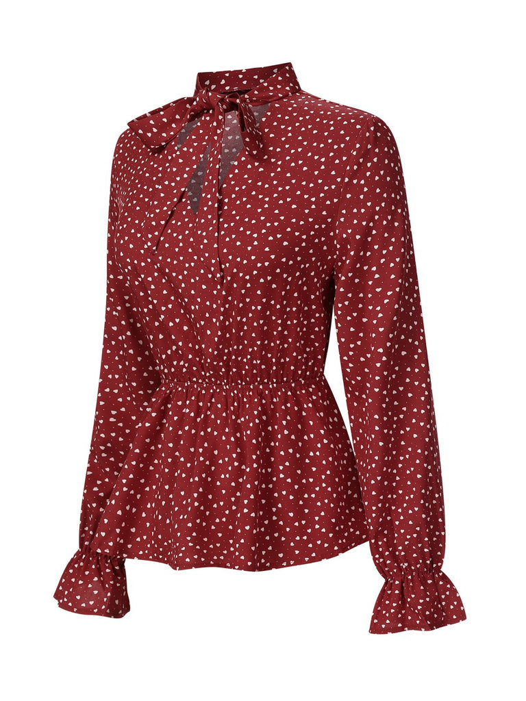 Red 1940s Polka Dot Lace-Up Chiffon Blouse, vintage top, retro blouse - perfect for women who love vintage and retro fashion