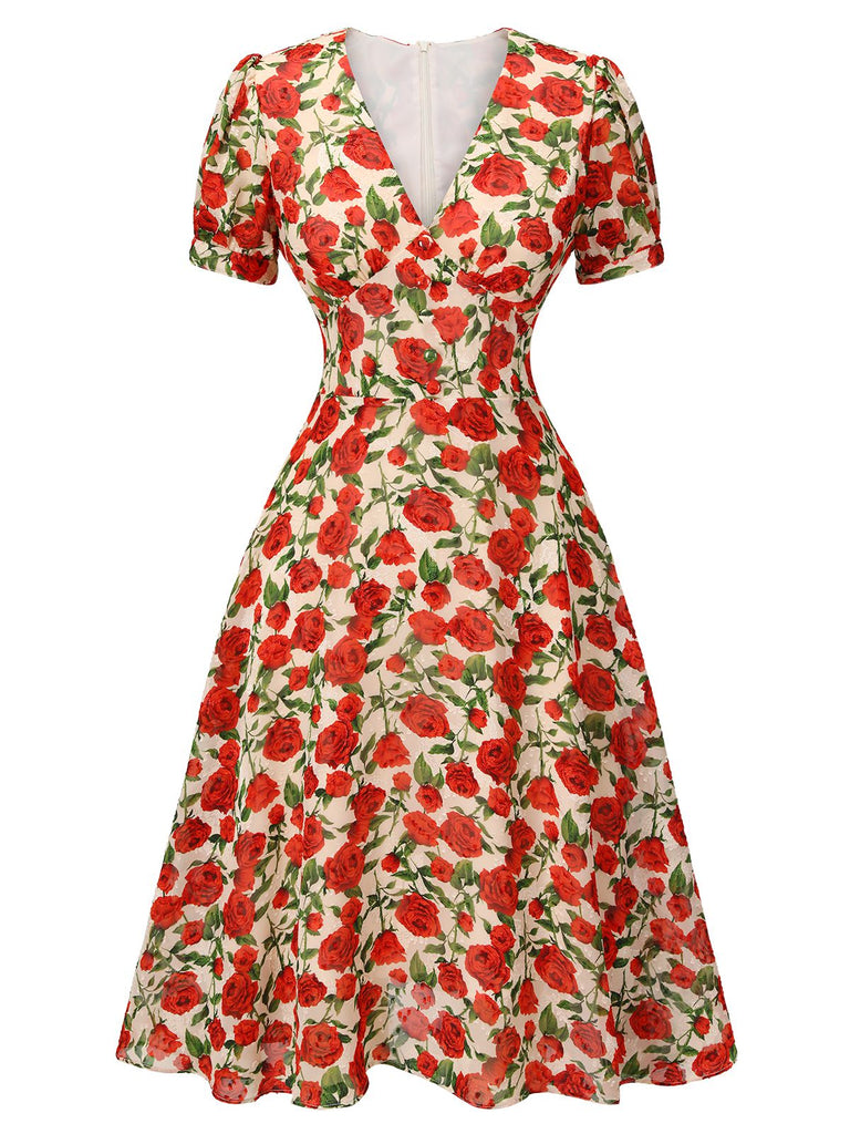 Red 1940s Rose V-Neck Swing Dress, vintage dress, retro fashion, rockabilly, pin-up fashion - perfect for women who love vintage and retro fashion