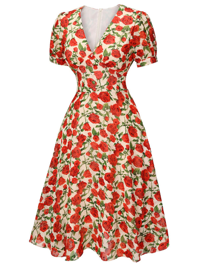 Red 1940s Rose V-Neck Swing Dress, vintage dress, retro fashion, rockabilly, pin-up fashion - perfect for women who love vintage and retro fashion