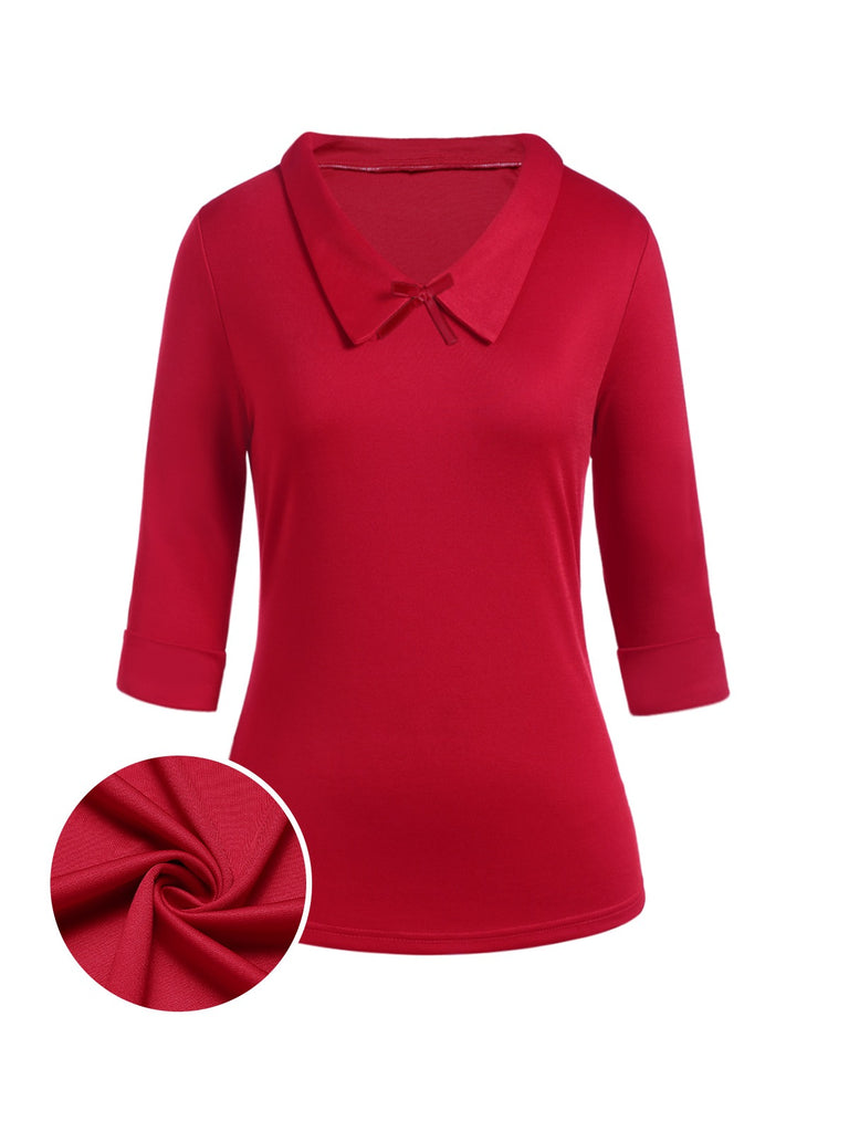 Red 1940s Solid Half Sleeves Lapel Top - vintage fashion, retro style, elegant red