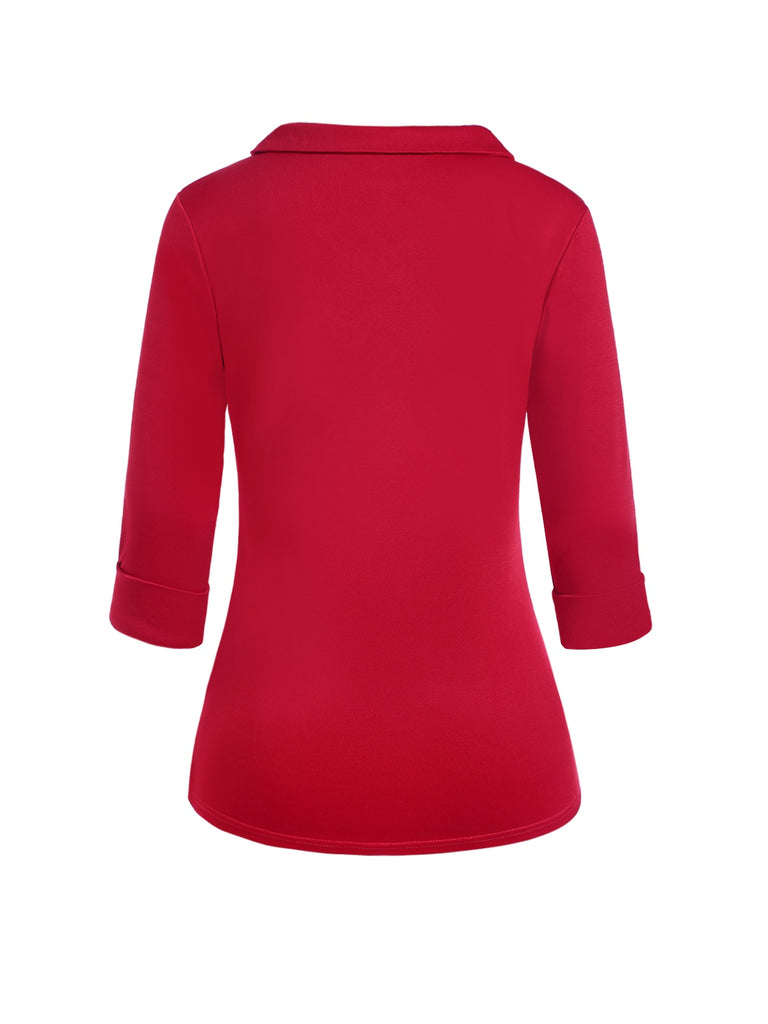 Red 1940s Solid Half Sleeves Lapel Top - vintage fashion, retro style, elegant red