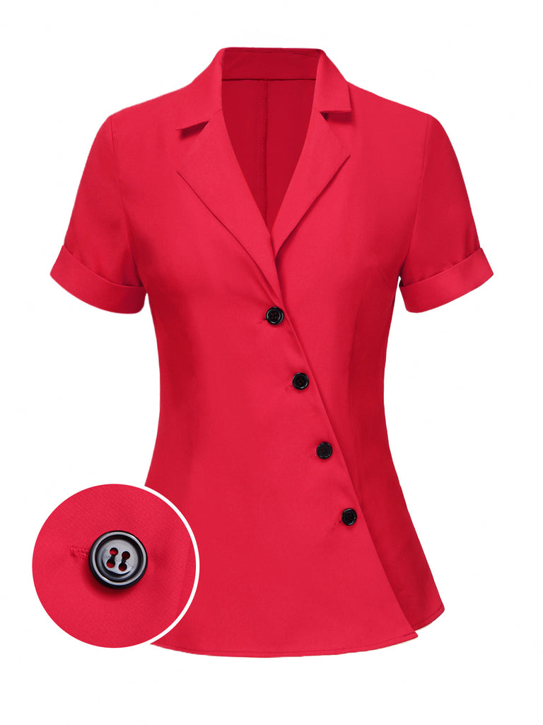 She pairs this Red 1940s Solid Lapel Button-Down Blouse with confidence and 1940s charm