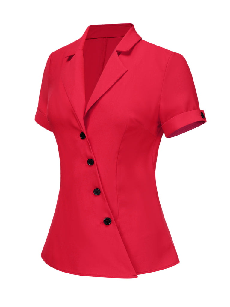 This Red 1940s Solid Lapel Button-Down Blouse brings 1940s soul to her everyday