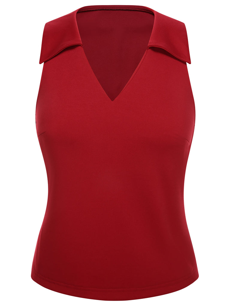 Red 1940s Solid Sleeveless Lapel Top - vintage fashion, retro style, elegant red