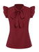 She pairs this Red 1940s Solid Tie-Neck Ruffle Sleeve Blouse with confidence and 1940s charm