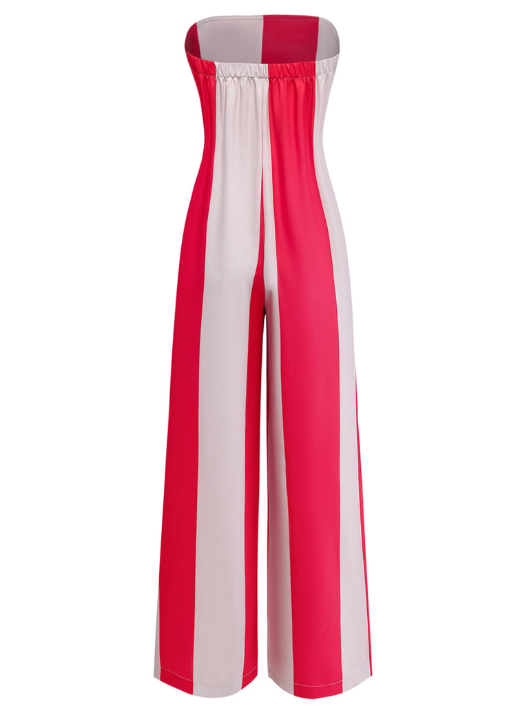 Red 1940s Striped Strapless Wide-Leg Jumpsuit - vintage romper, retro jumpsuit for vintage lovers