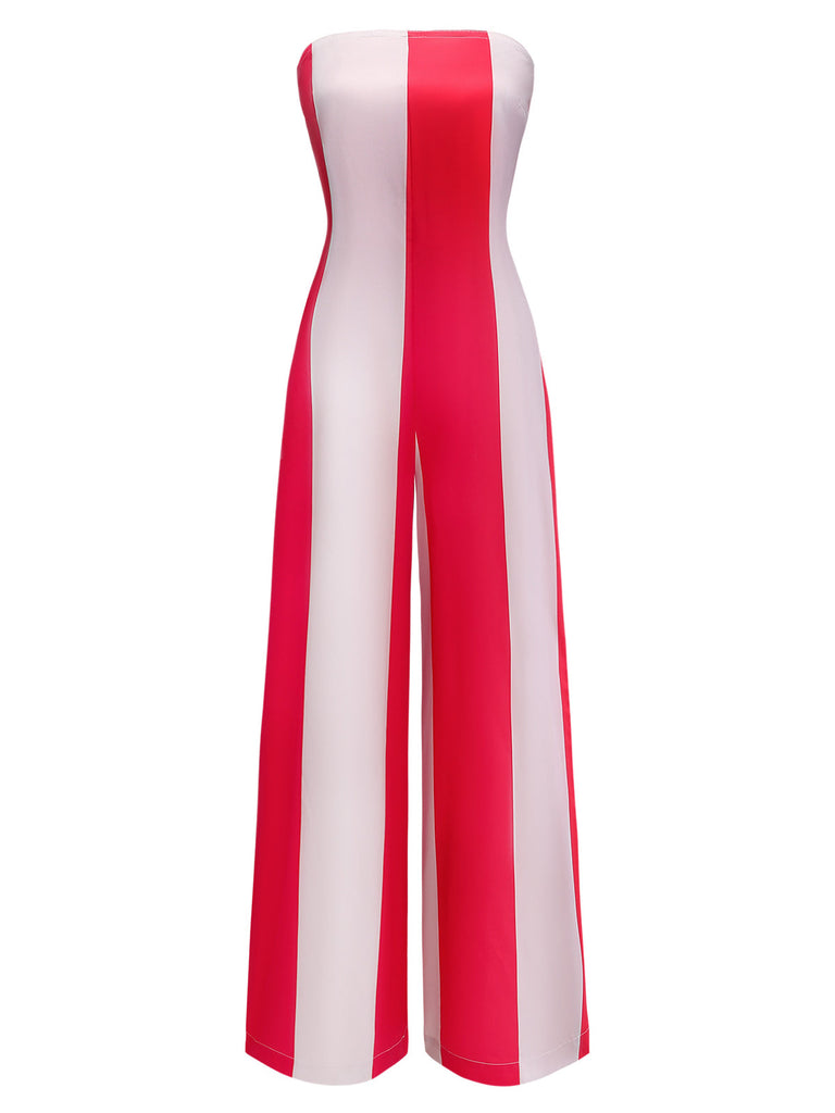Red 1940s Striped Strapless Wide-Leg Jumpsuit - vintage romper, retro jumpsuit for vintage lovers