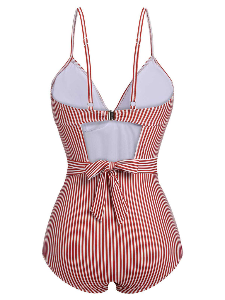 Red 1940s Spaghetti Strap Stripes One-Piece Swimsuit — because 1940s glamour never goes out of style