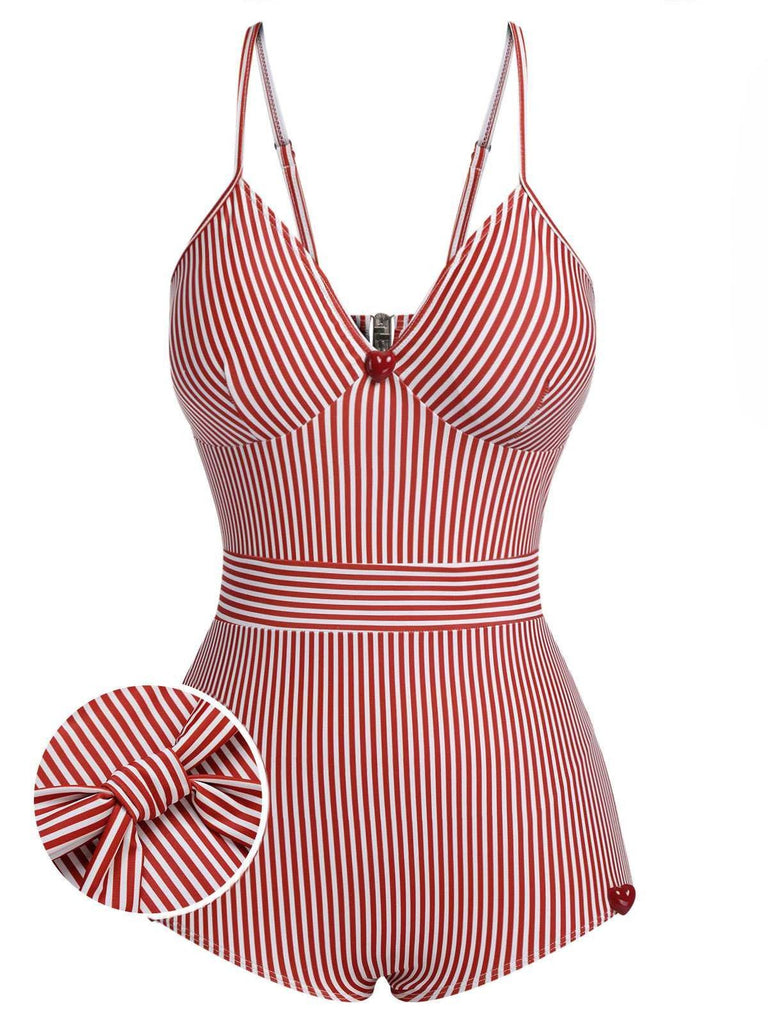 She's wearing Red 1940s Spaghetti Strap Stripes One-Piece Swimsuit and the whole beach remembers the 1940s