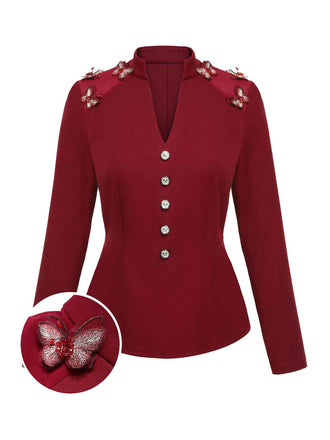 Red 1940s Stand Collar Butterflies Blouse: timeless style reimagined